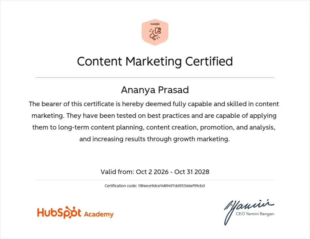 HubSpot Content Marketing Certification supporting my work as a freelance digital marketer in Ernakulam